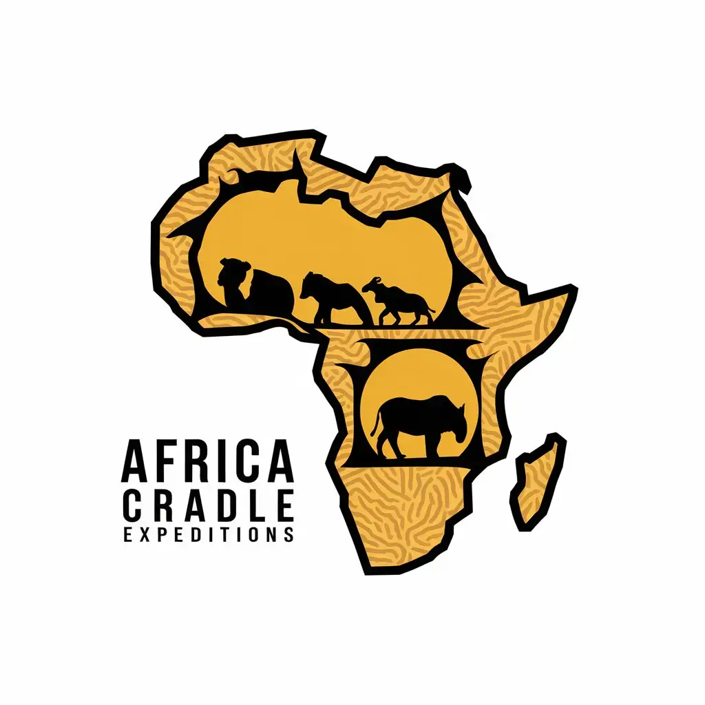 LOGO Design for Africa Cradle Expeditions Africa Map with Big Five Wildlife Inscribed Watermark Business Slogan for Travel Industry