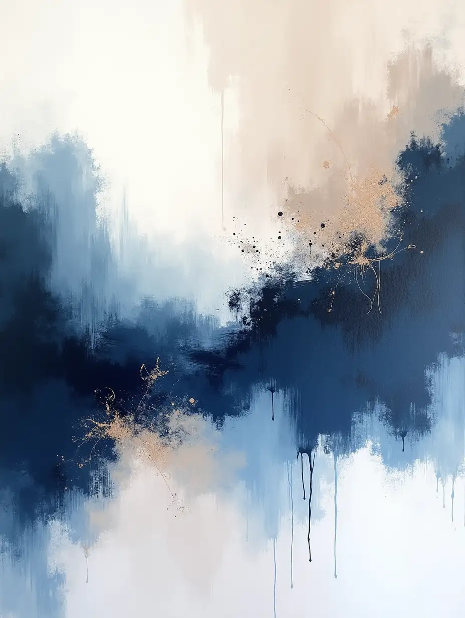 Create an abstract painting with flowing, bold brushstrokes in deep navy blue, muted beige, and soft white tones. Include subtle blending of colors to create a sense of movement and texture, with hints of dripping paint for a raw and expressive feel. The composition should have an elegant balance between light and dark areas, evoking a modern and artistic aesthetic.