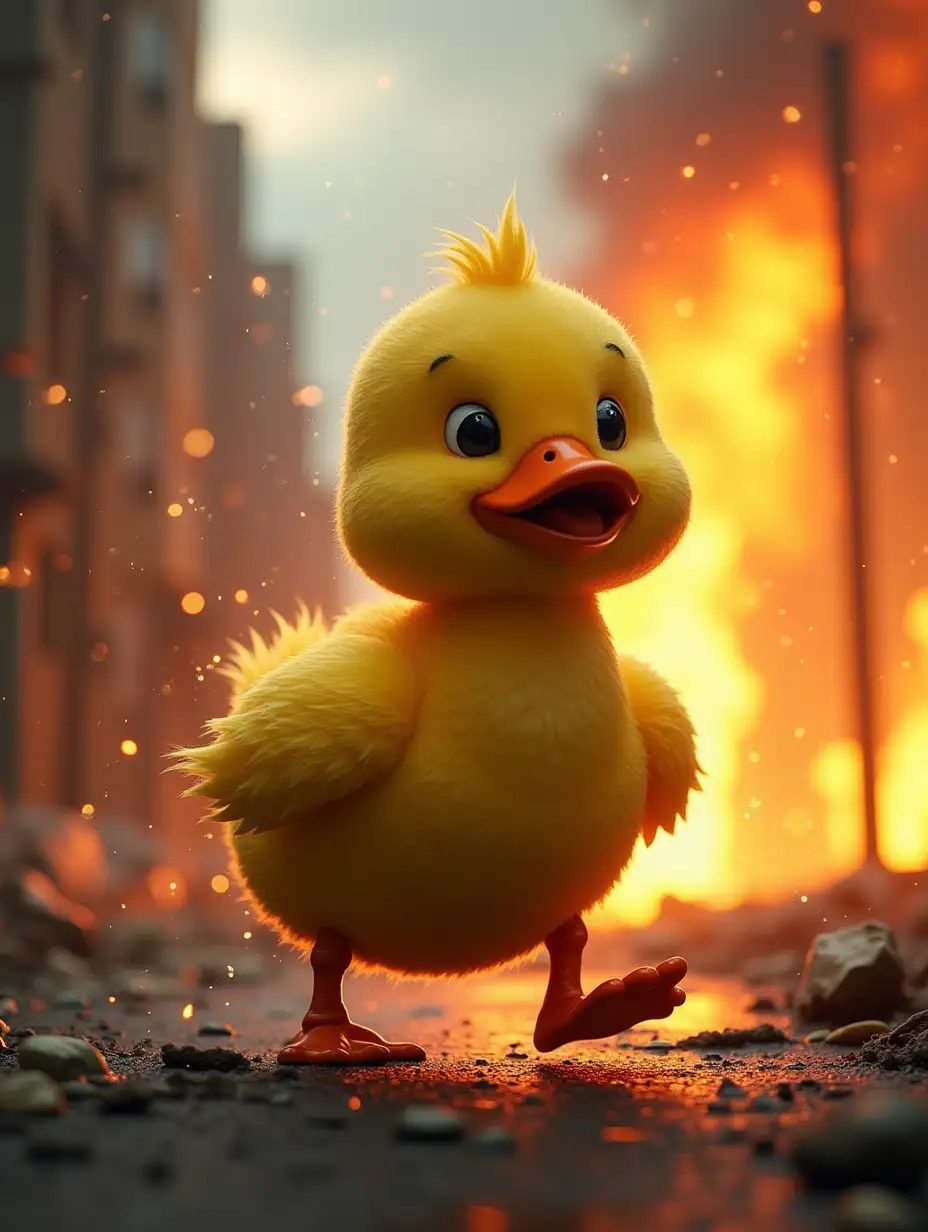 Gaint duck walk angry in destroy city with fire dark