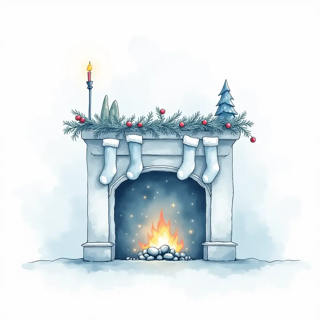 Minimalist-Watercolor-Fireplace-with-Christmas-Socks-and-Decorations
