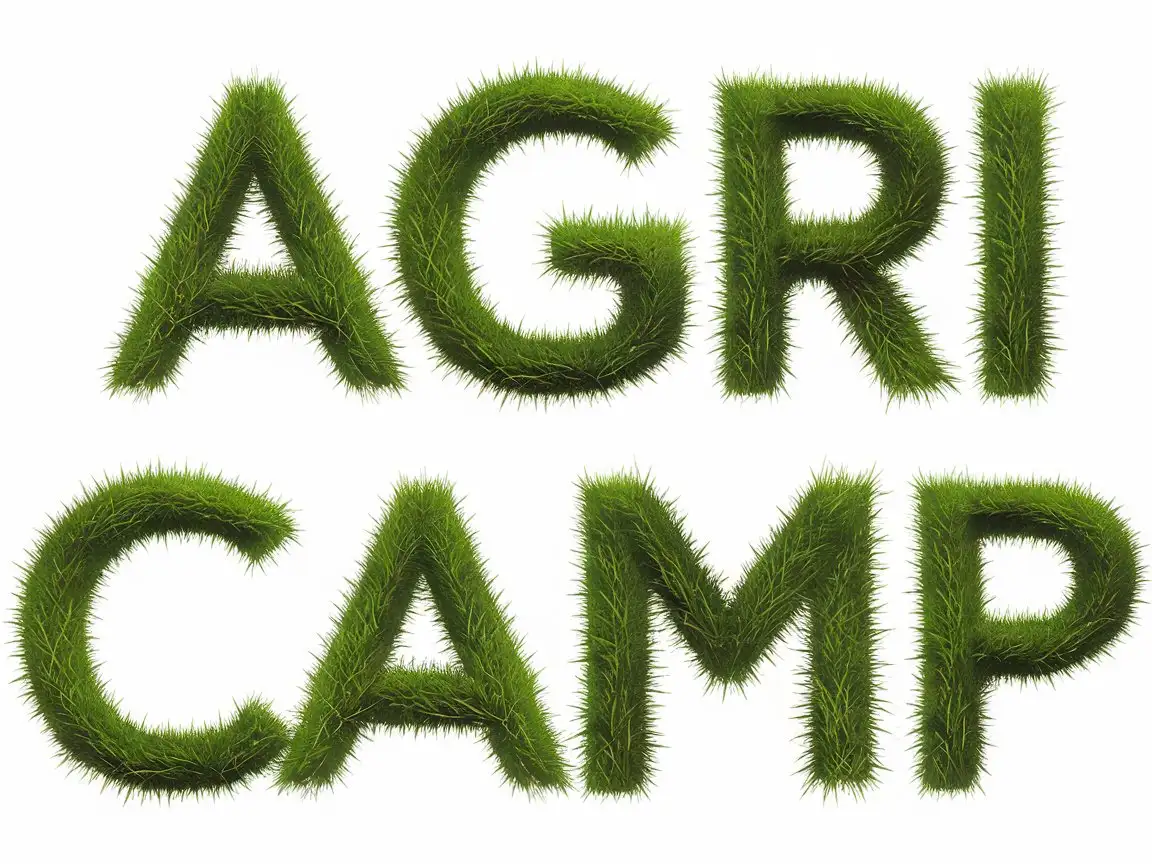 Digitally transform the words AGRI CAMP into an artistic font made of grass, in green colour, with a perfect and complete font. The image should be a PNG with a white background, and nothing else should appear except the words AGRI CAMP.