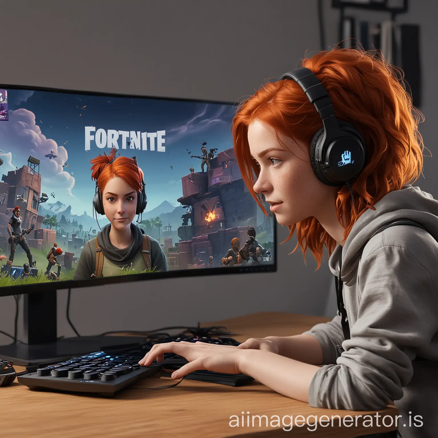 a redheaded adolescent playing fortnite on a ps5 profile then to a gaming pc for the screen