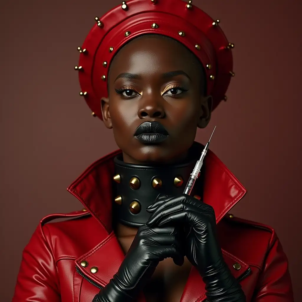 Danai-Gurira-in-Red-Studded-Leather-Motorcycle-Jacket-and-Bold-Accessories