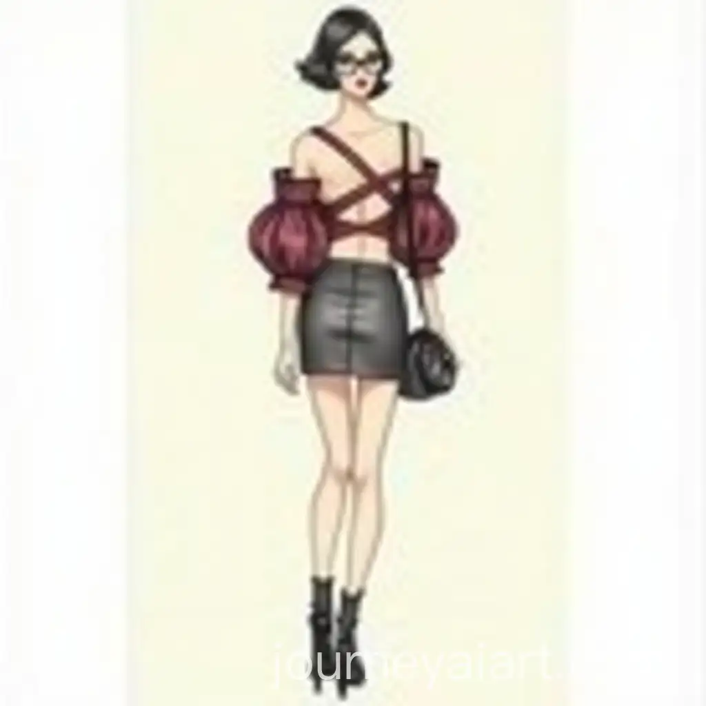 Fashion-Sketch-Plaid-Ribbon-Crop-Top-and-Waxed-Leather-Mini-Skirt-Ensemble