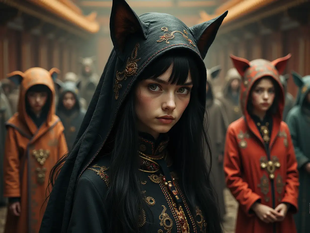 ultradetailed hyperrealistic portrait eine frau in schwarz with cat eyes in a temple with various strange beings with intricately detailed, colorful outfits