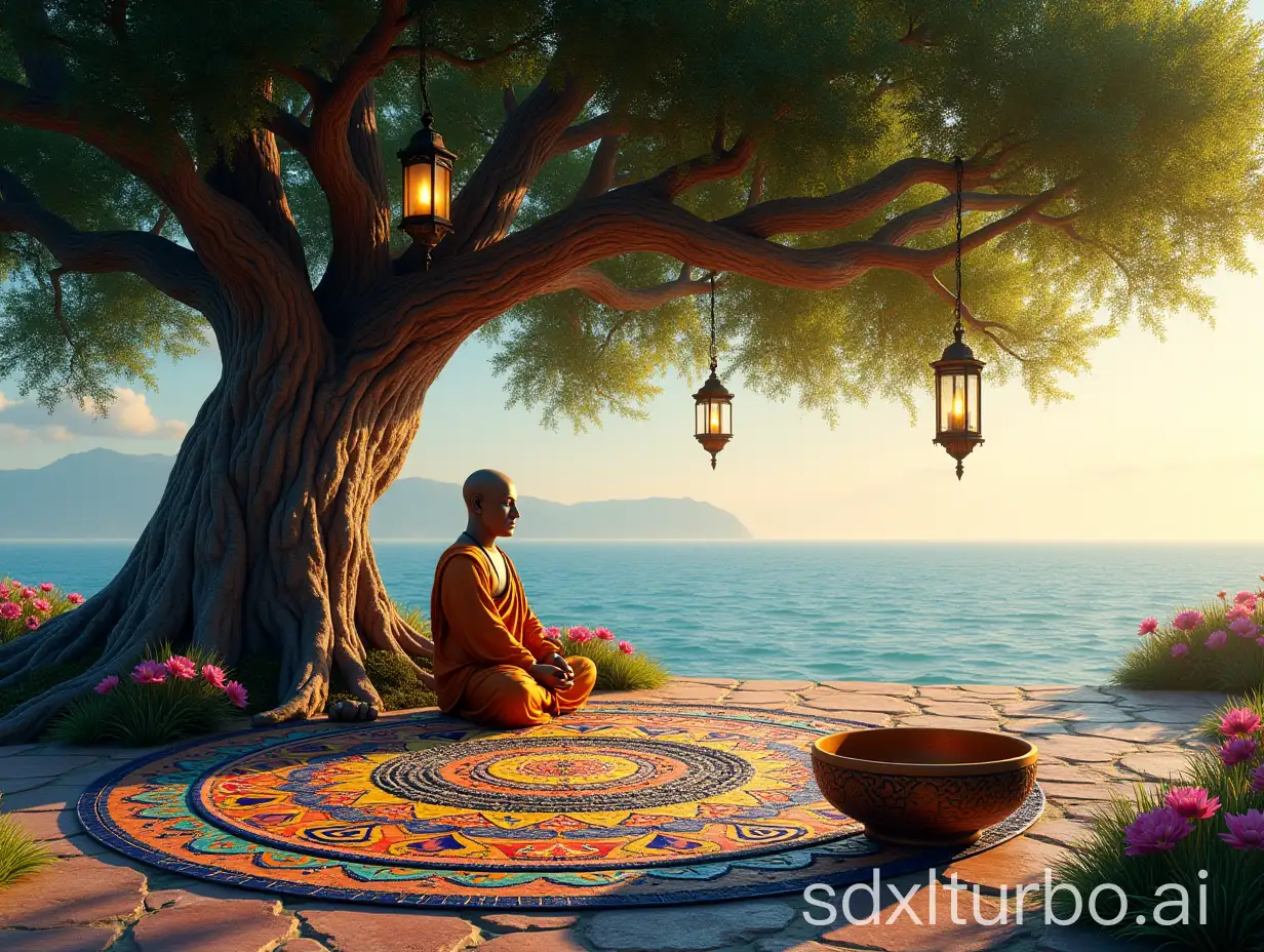 An oak tree with a lit lantern, under the tree, a colorful mosaic mandala on the floor, a meditating yogi sculpture, colorful flowers, carved tibetan bowl,  sea shore in the background. bright mysterious sunny atmosphere, photorealistic, high precision,