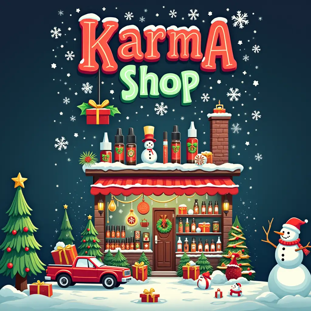 a bright cover with the inscription 'Karma Shop', a variety of electronic cigarettes, vaping liquids and accessories, The quality of the cover should be New Year's, Christmas trees, sasuls, snowmen, snow, snowflakes