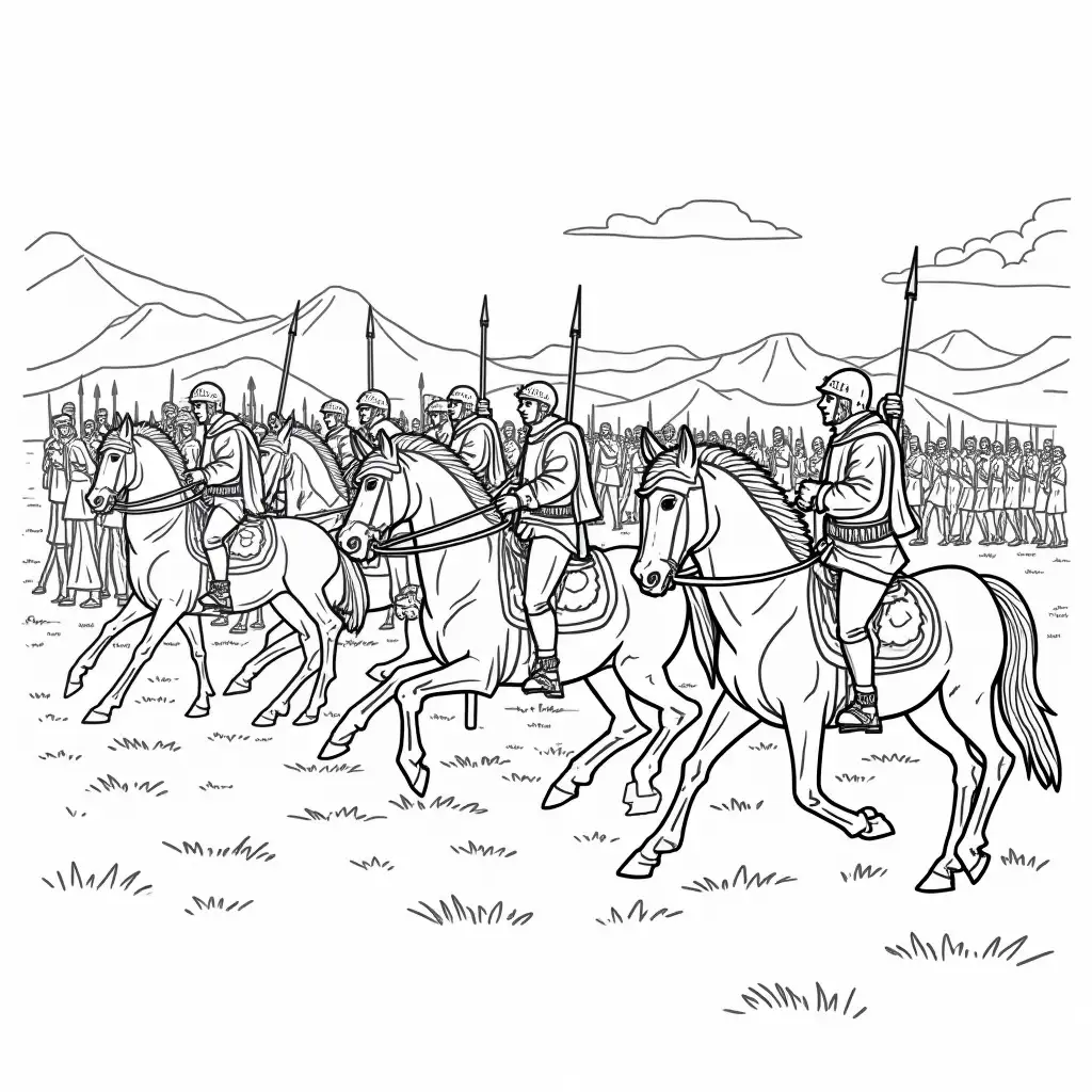 outline of a medieval battle suitable for coloring in with combatants on horses and on foot, lots of detail