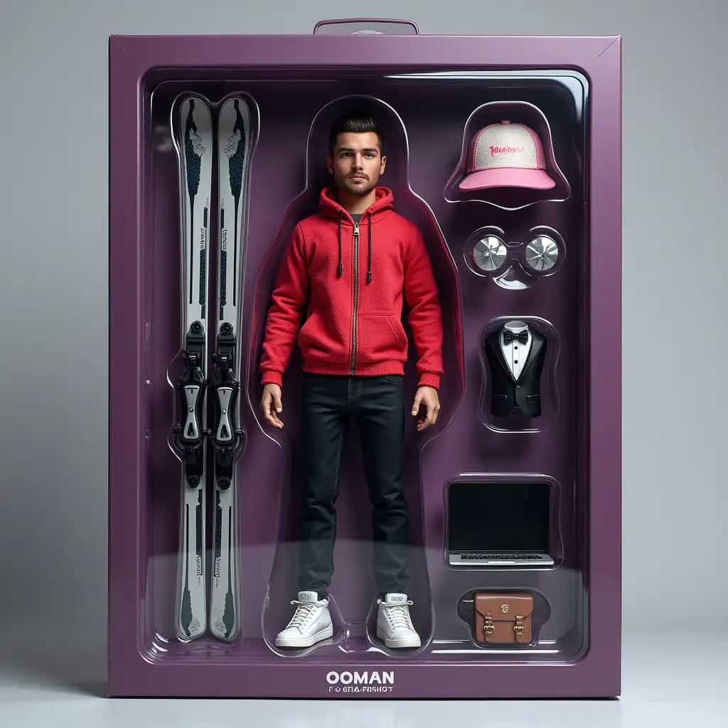 Create a photo-realistic figure of a human on a photograph. The figure should be in full size and fit into a transparent plastic box with colorful cardboard background, like real collectible toys. Make the packaging as realistic as possible - shiny plastic, sections for items and design in the style of a toy store.nnWrite the brand [Роман ТМ-аква] on the box. The packaging atmosphere will be: [dark purple fond, water droplets, wrench].nnPlace accessories next to the figure: [skis, tuxedo, laptop].nnMake the figure in the style of [desired style of real collectible figures, for example, Barbie or Funko Pop].