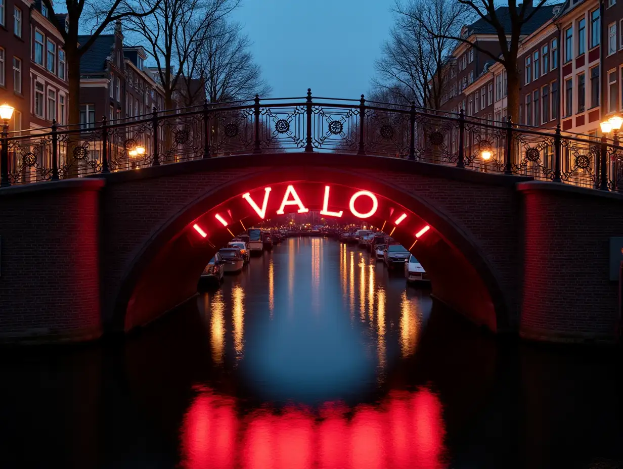 A Dutch arch bridge over a canal with lanterns along the arch above the water. Under the arch above the water in bright Neon letters the word VALO