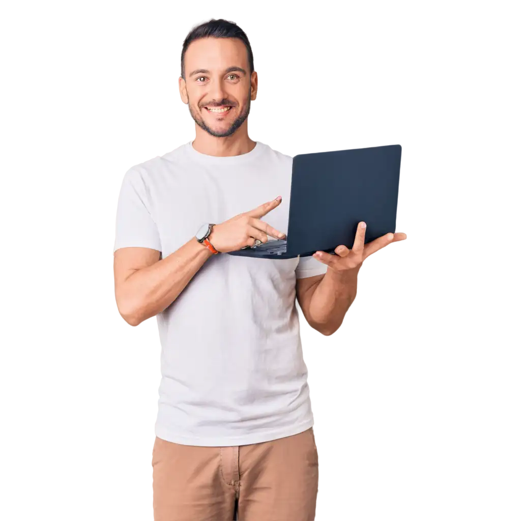 Portrait-of-Smiling-Man-Pointing-at-Laptop-with-Blank-Screen-HighQuality-PNG-Image-for-Versatile-Use