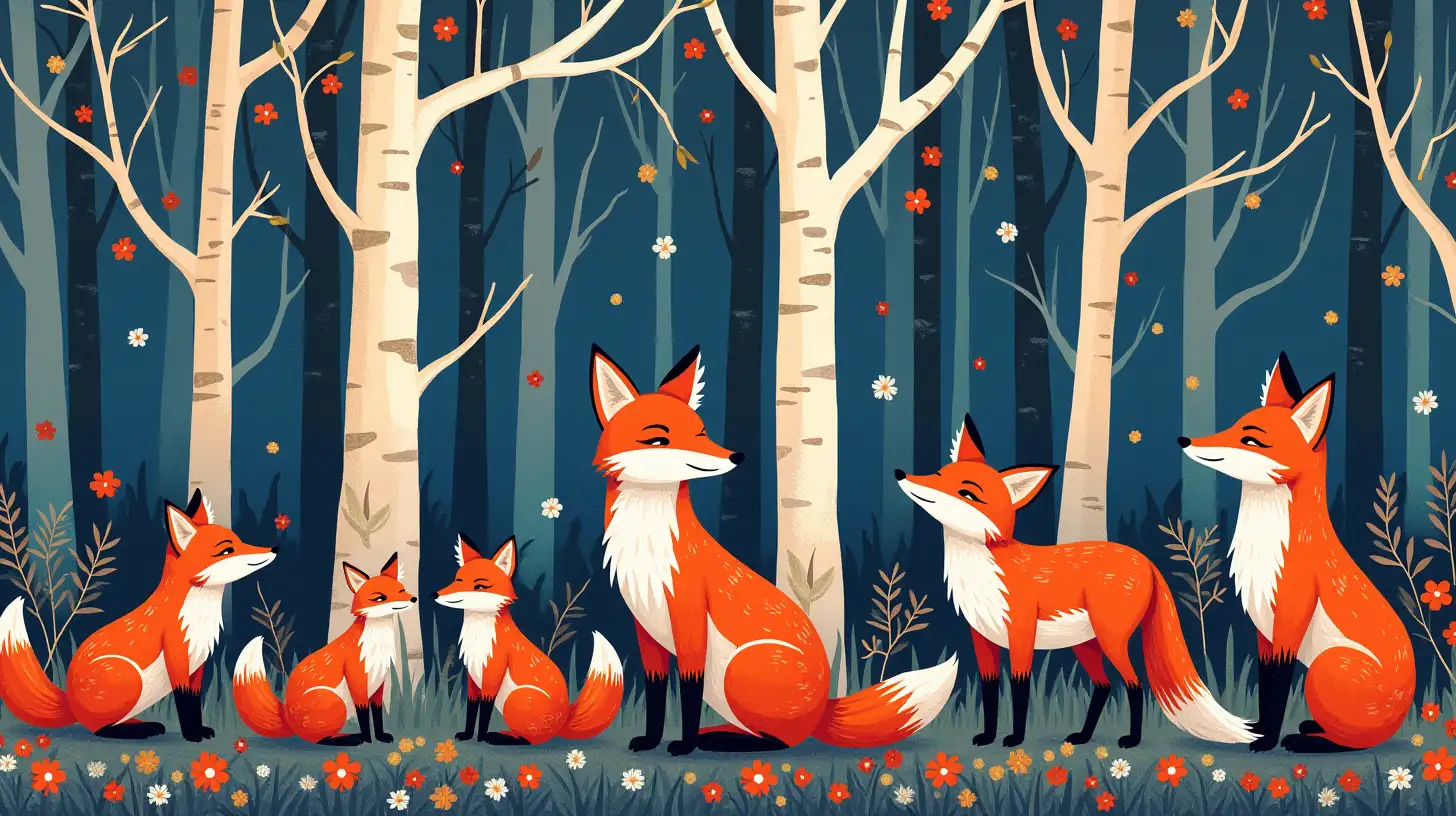 Red Foxes in Forest Setting with Floral Blue Background