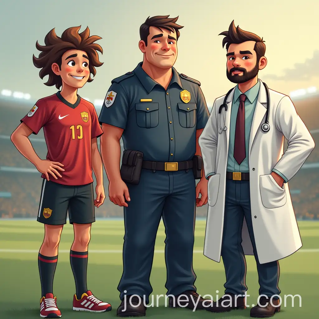 Three-Friends-in-Unique-Professions-Soccer-Player-Police-Officer-and-Doctor