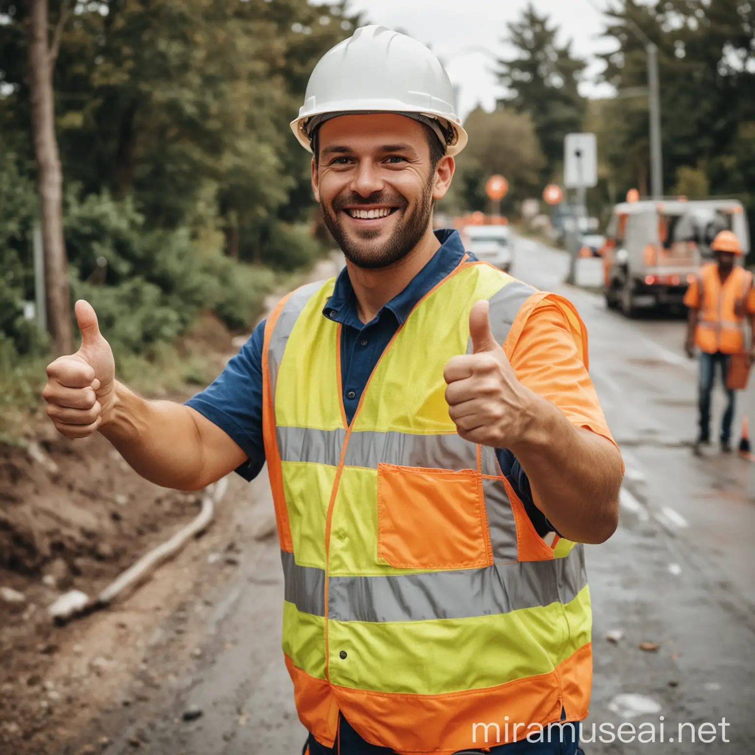 Smiling Worker in HighVisibility Vest ThumbsUp Water Mains Replacement