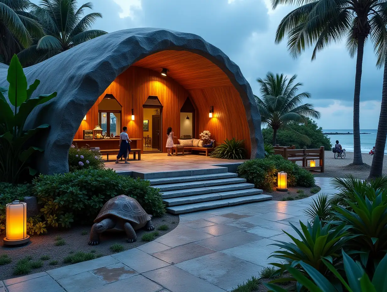 Crooked house with people, plants, a giant tortoise, a lit path to the beach. Triangular window shapes, large entrance stairs made of marble complex, curved wooden roof with pond, glowing lanterns, benches with a view of the beach, 4K resolution, colorful, super wide-angle shots