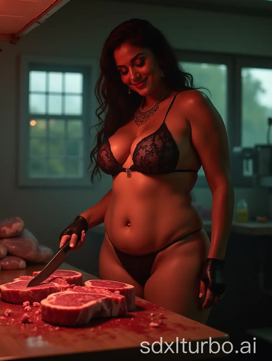 Curvy-Indian-Woman-Butchering-Steak-in-a-Meat-Factory-with-Dramatic-Lighting