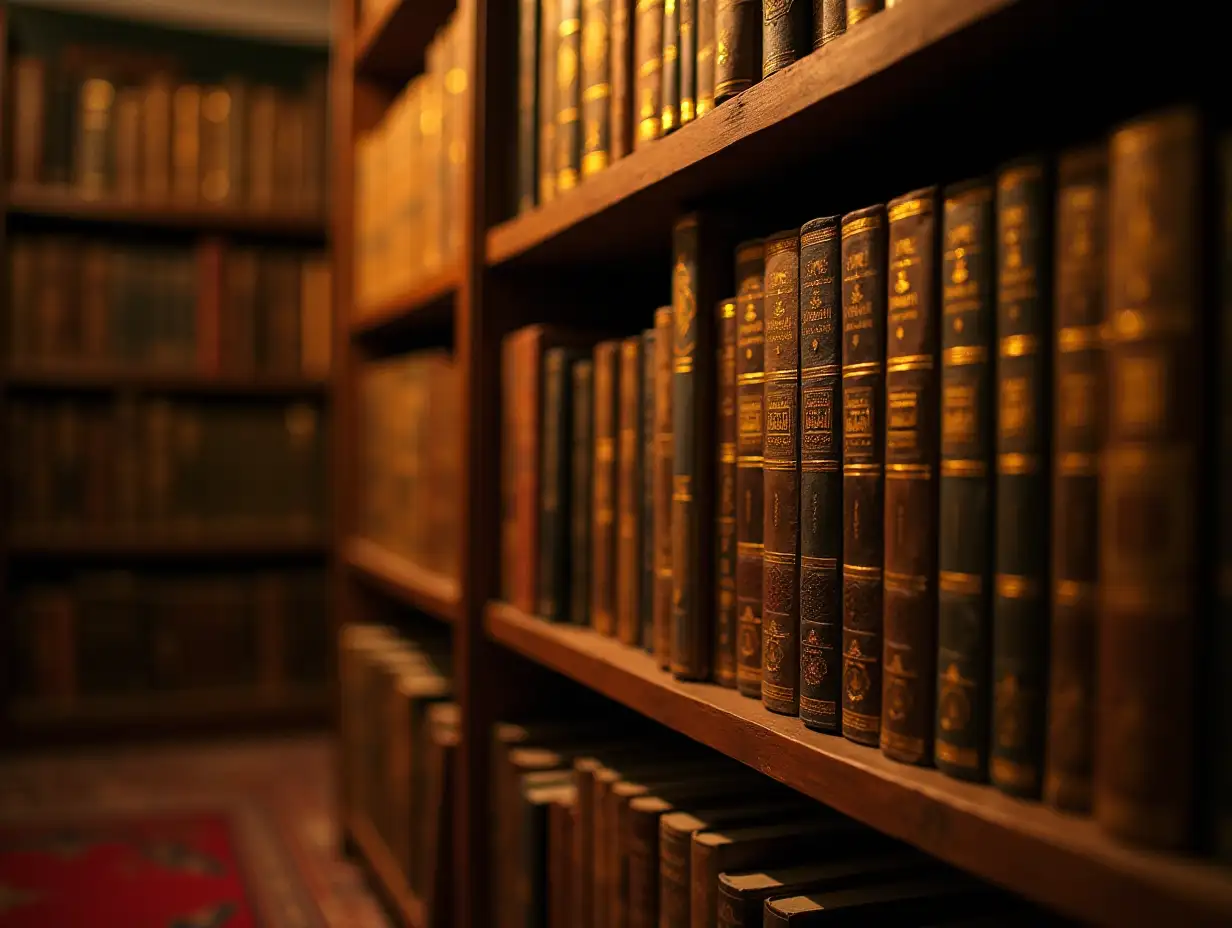 Islamic library with a golden hue containing books of Hadith and some other people studying and piety