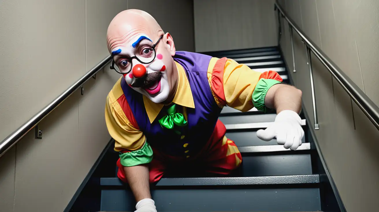 a bald man with fake glasses and mustache making a clown fall down the stairs in a radio station setting