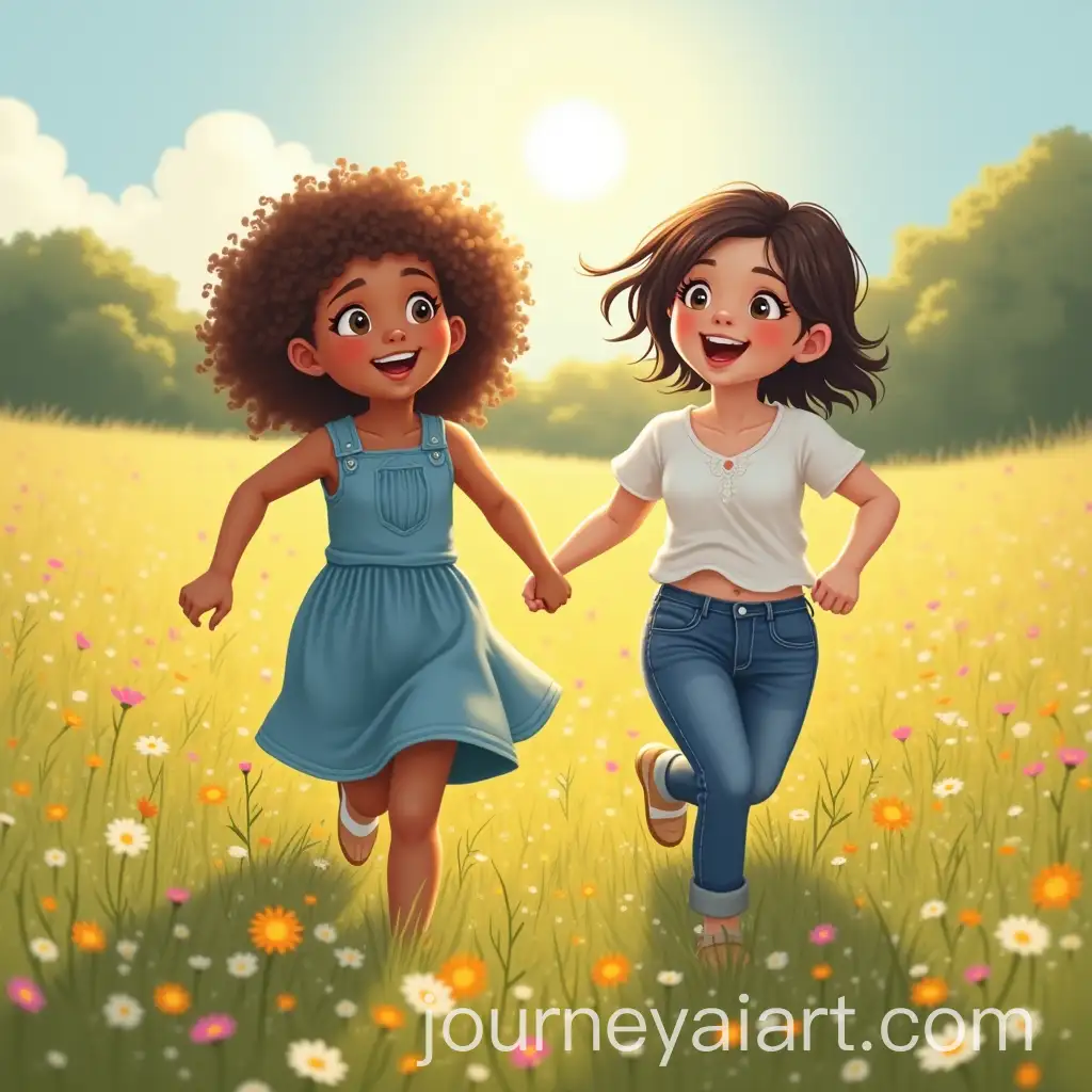 Two-Happy-Friends-Running-Through-Meadow-on-Sunny-Day
