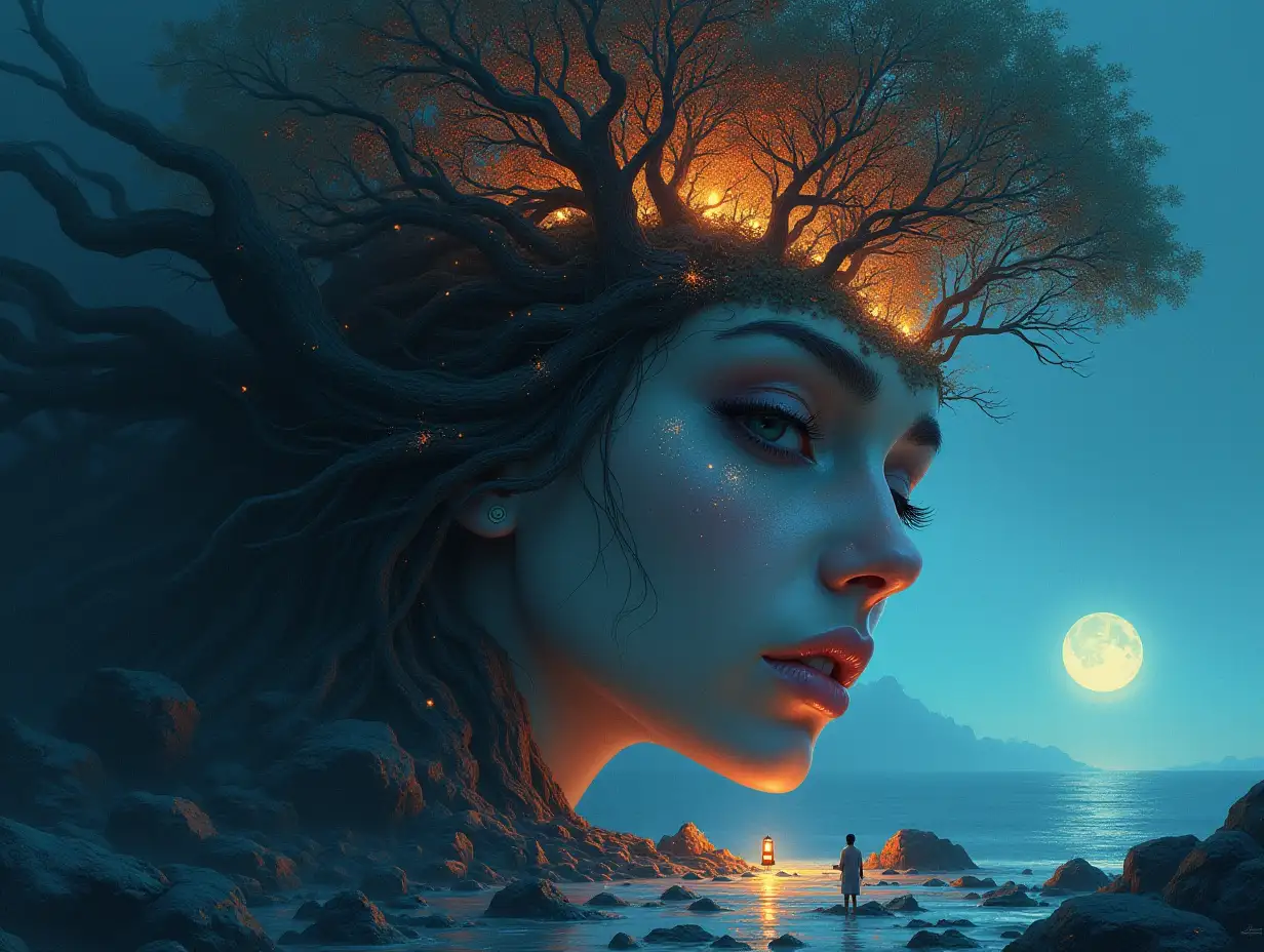 Creating a digital painting of a face with hair transforming into a building with ruby stones and sea and Illuminated trees with roots and rocks lantern and strange people and Ghost hand