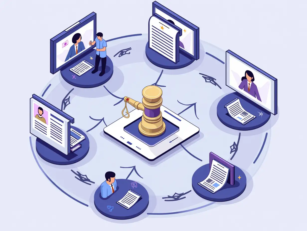 A visually engaging graphic illustrating the simple and efficient process of providing legal services online. The image features a step-by-step workflow, including online consultation, document collection, contract drafting, and case tracking, all seamlessly integrated into a user-friendly platform. The color palette should consist of deep indigo/purple-blue, white, and light gold, conveying clarity, efficiency, and technological innovation. The overall message is that this platform makes legal services accessible and convenient for everyone.