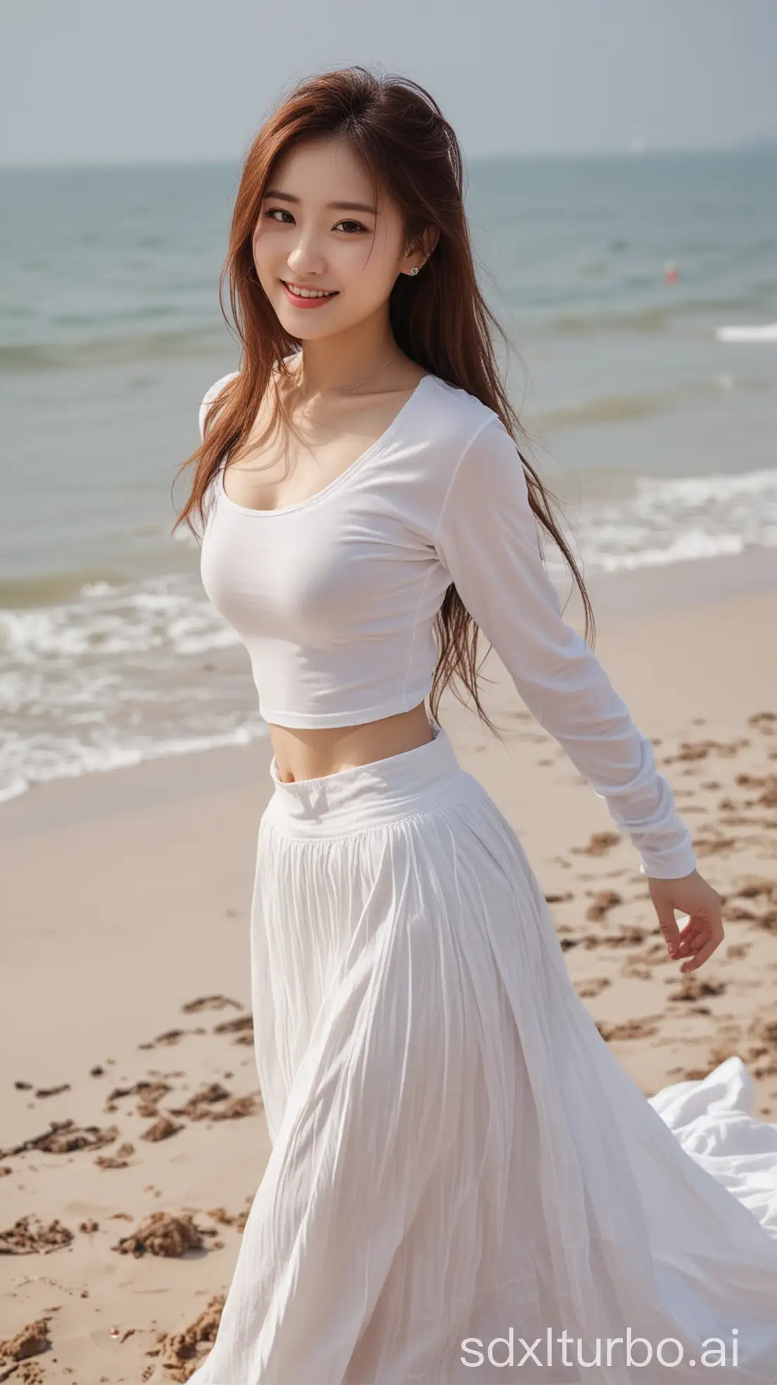 Chinese-Woman-with-Sweet-Smile-in-Winter-Beachside-Pose