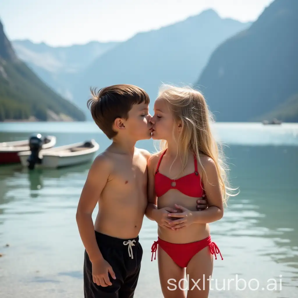 Little-Boy-and-Girl-Sharing-a-Kiss-by-the-Lakeside-with-Boats-and-Mountains