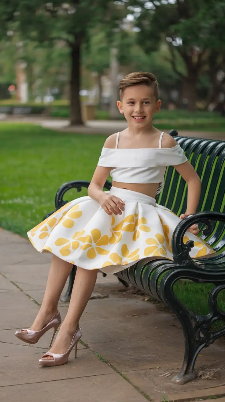 little young boy wearing white off the shoulder top and white skirt with yellow flowers pattern and rose satin  high heels and sitting on a park bench and cross legs and smiling