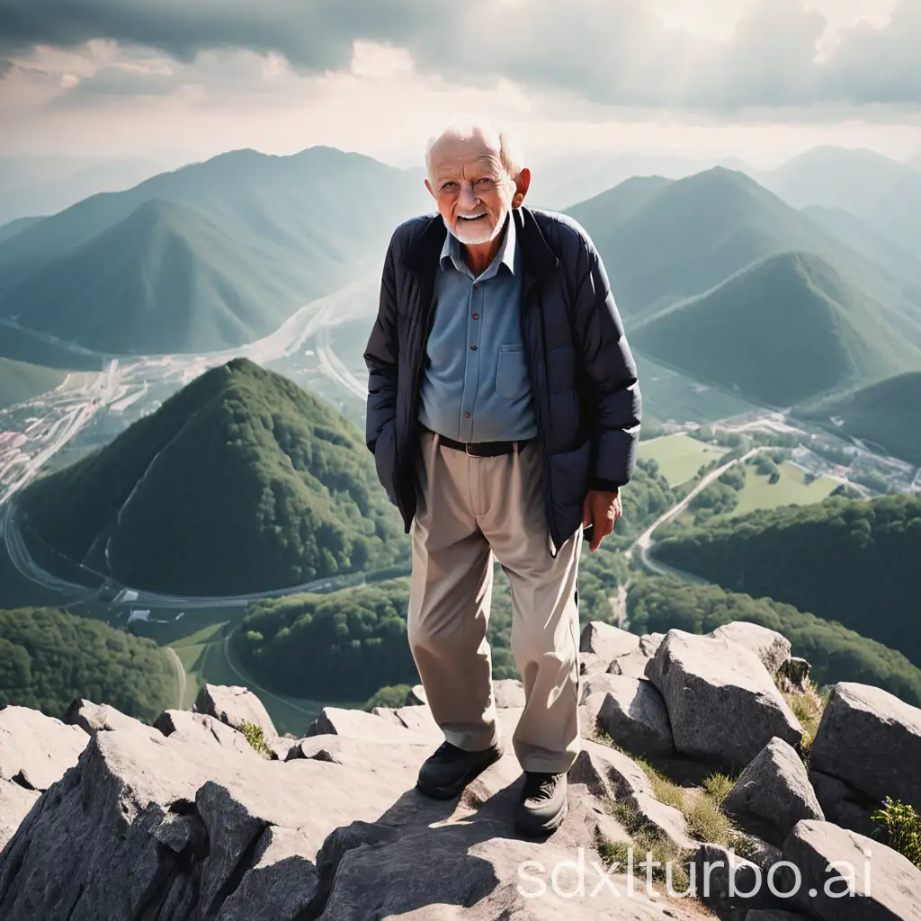 Elderly man on top of the mountain