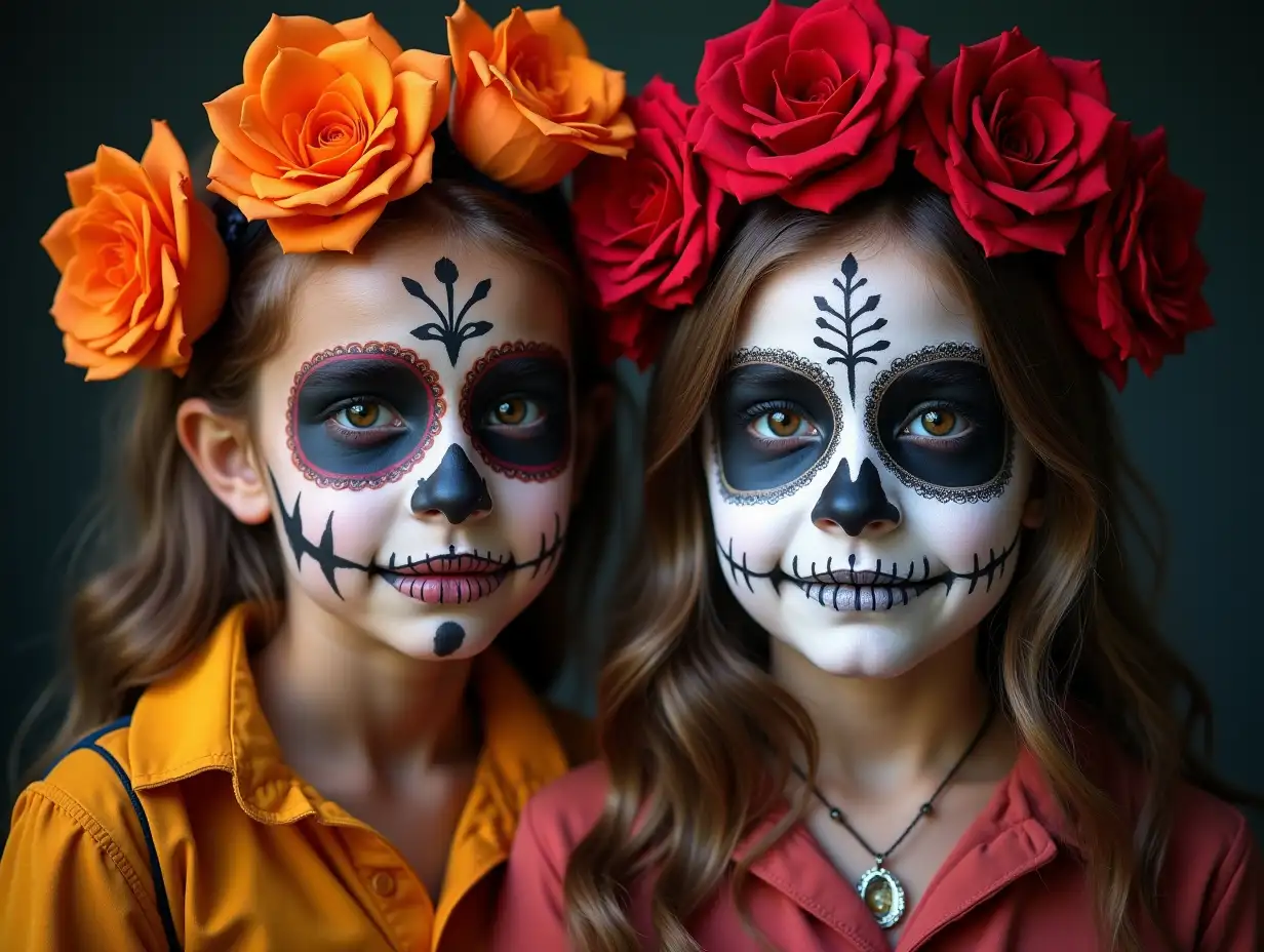 A portrait of two kids with skull makeup, celebrating Halloween. Halloween make up. Dia de los muertos. The Day of the Dead.