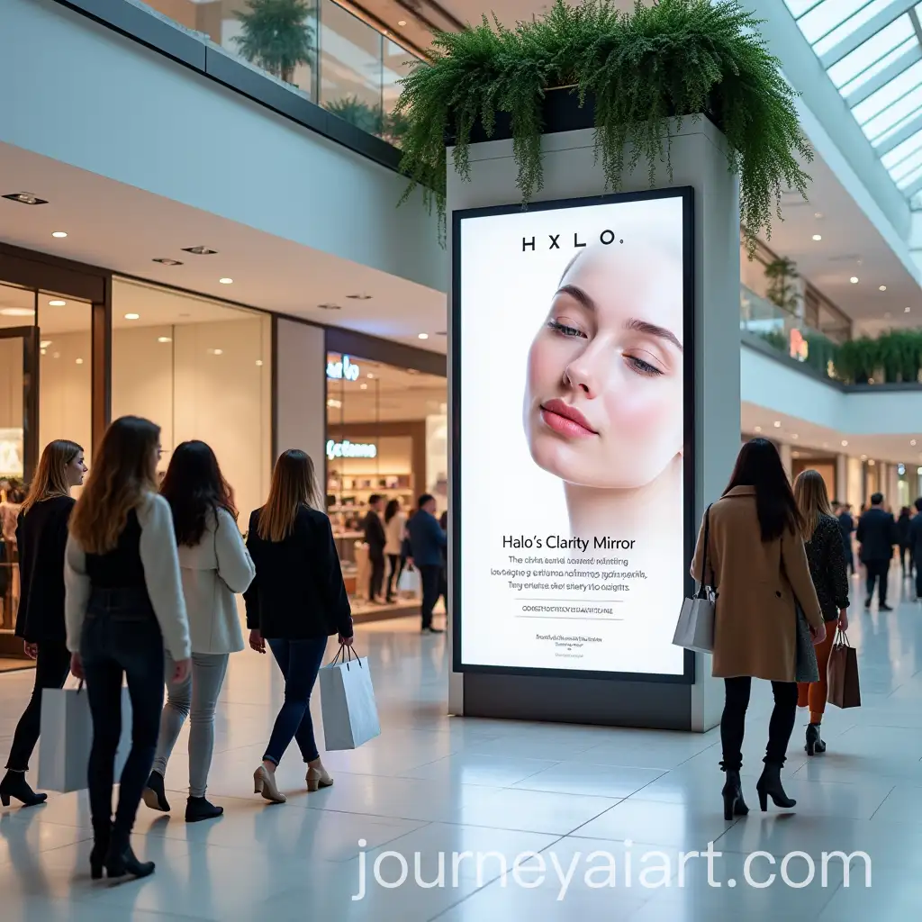 Diverse-Women-Walking-Past-AIPowered-Skincare-Billboard-in-Modern-Shopping-Mall