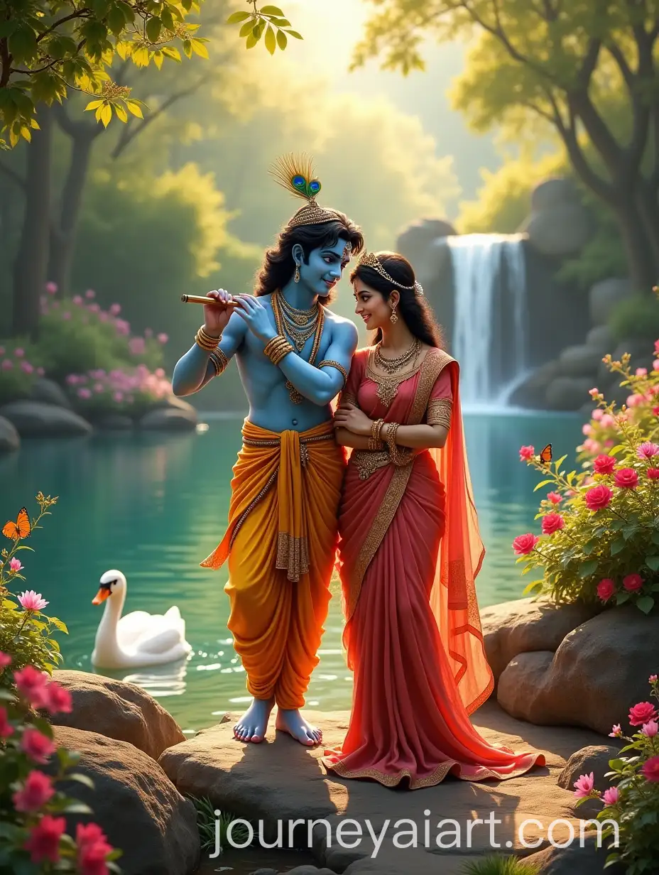 Krishna-and-Radha-in-a-Serene-Garden-with-Peacock-and-Swan