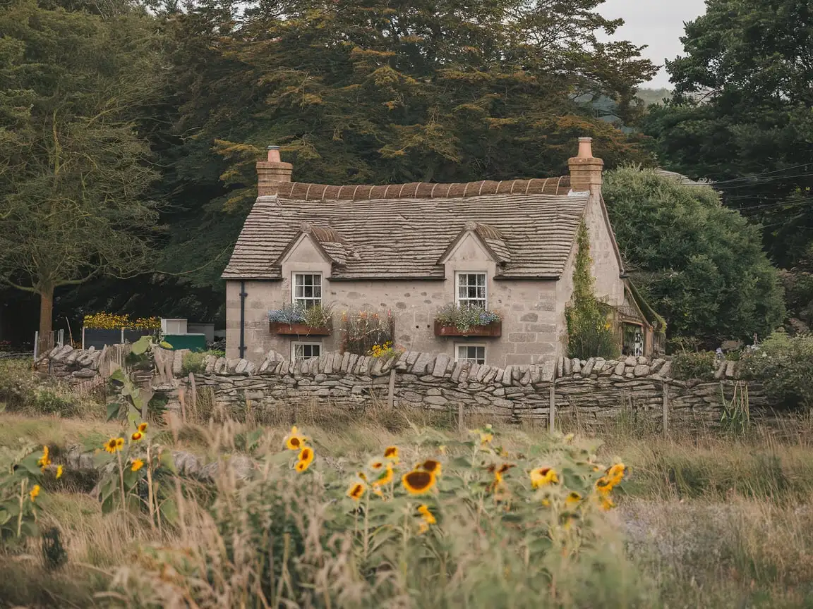 Serene River Stone Cottage Surrounded by Wildflowers and Sunflowers