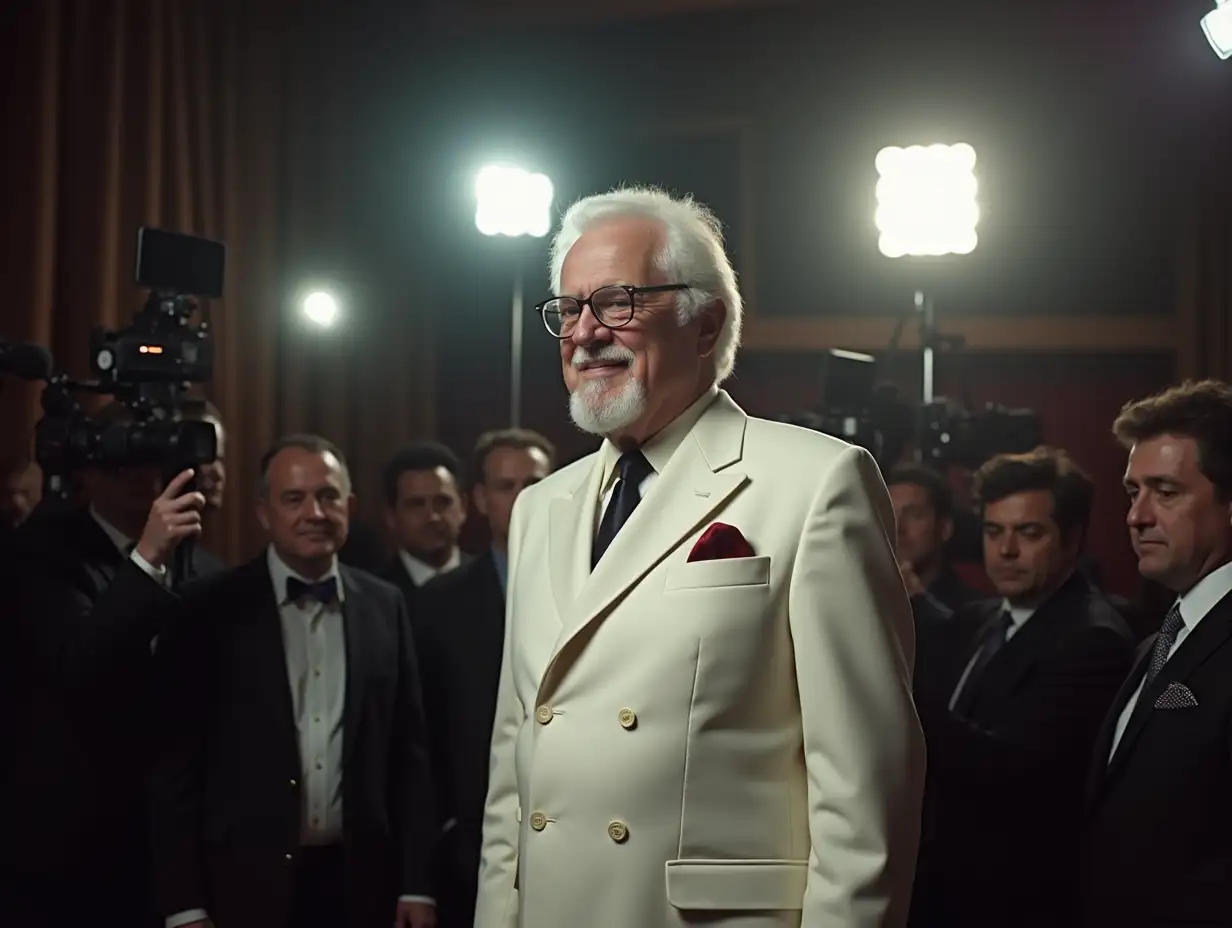 a cinematic wideangle shot of KFC' Colonel Sanders, dressed in his white suit, at a press conference. spotlight lighting. flash cameras, press reporters.