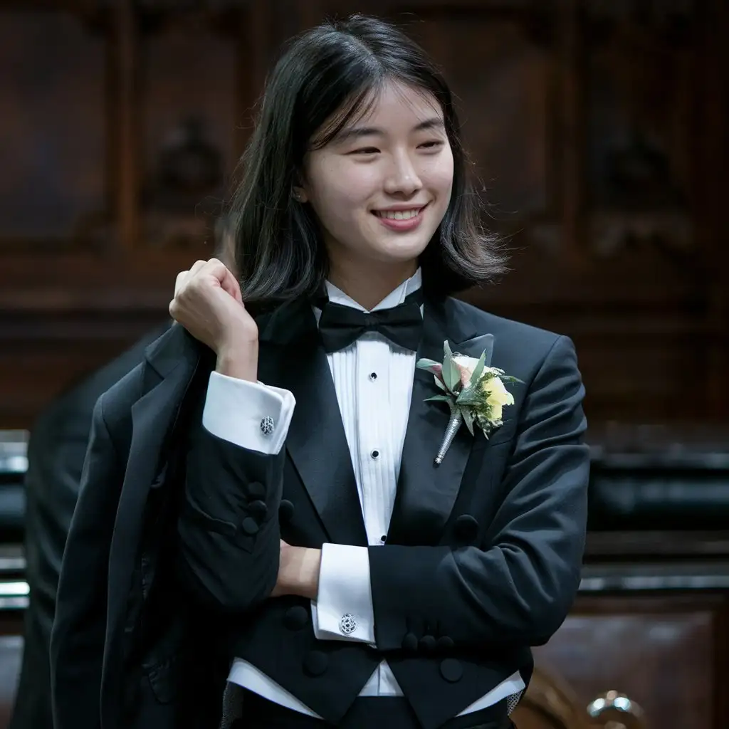 Stylish-Chinese-Woman-in-Elegant-Tuxedo-and-Corsage