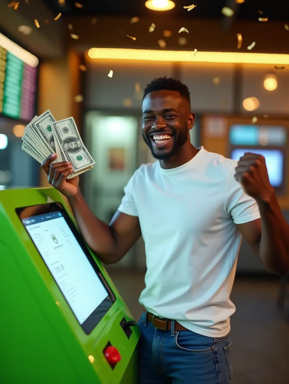 Smiling-Man-Celebrating-Victory-with-Dollar-Bills-and-Confetti-at-Payment-Kiosk