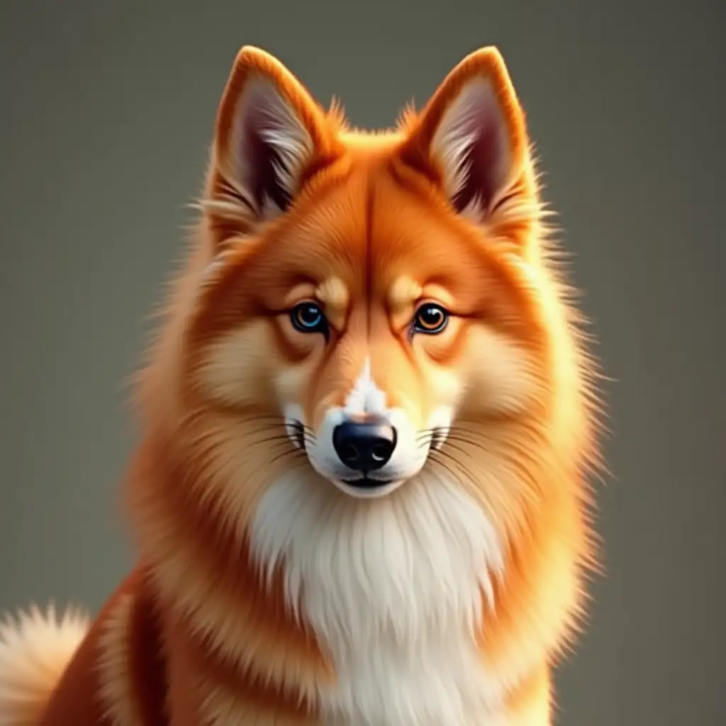 Red dog of the spitz breed with a white chest