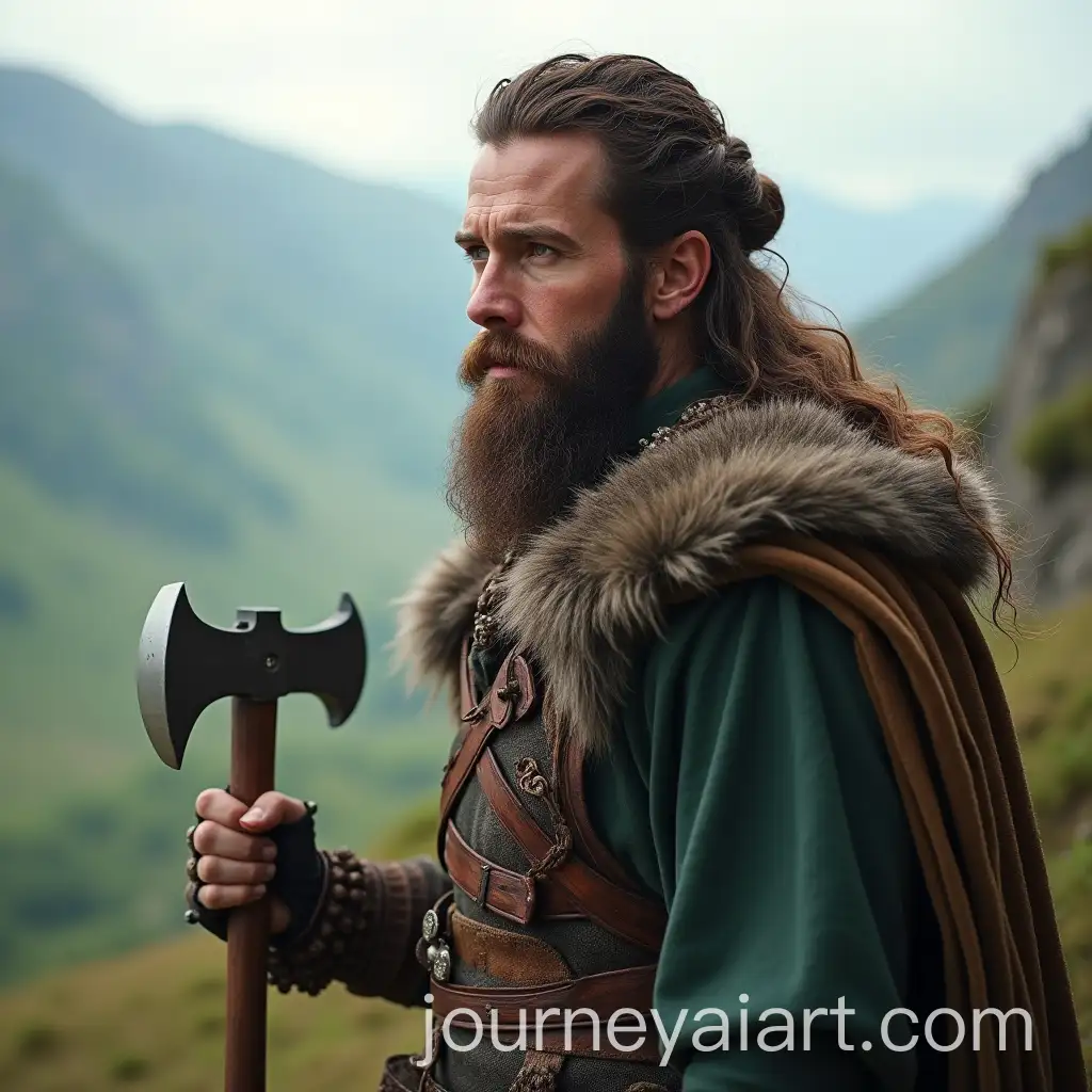 Bearded-Viking-Goddess-of-Wealth-Holding-an-Axe-Overlooking-a-Valley