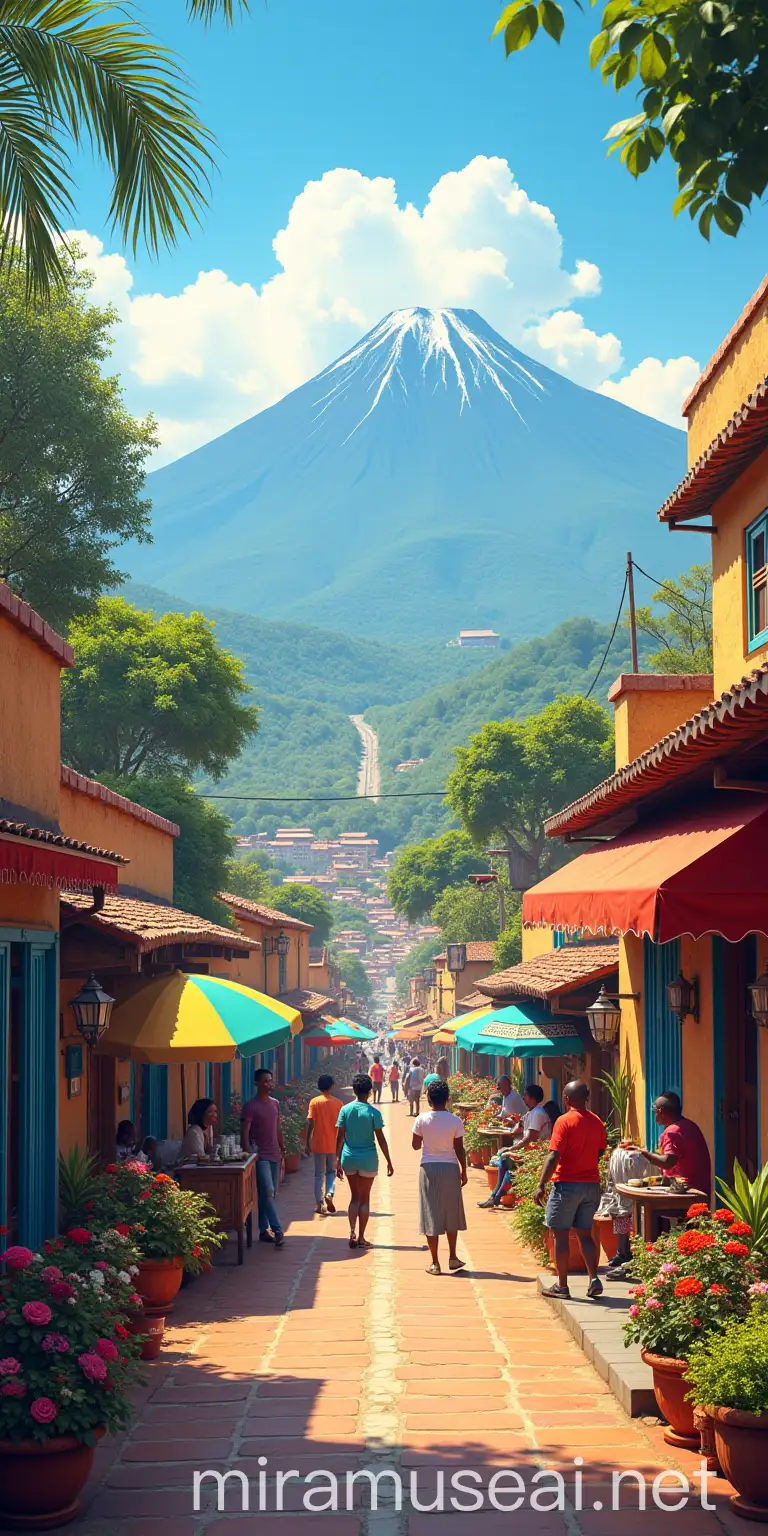 Vibrant Tanzanian Cityscape with Mount Kilimanjaro Backdrop and Bustling Market Scene