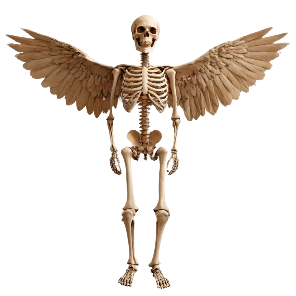 A human skeleton and the muscles of the scapula, with wings drawn next to it