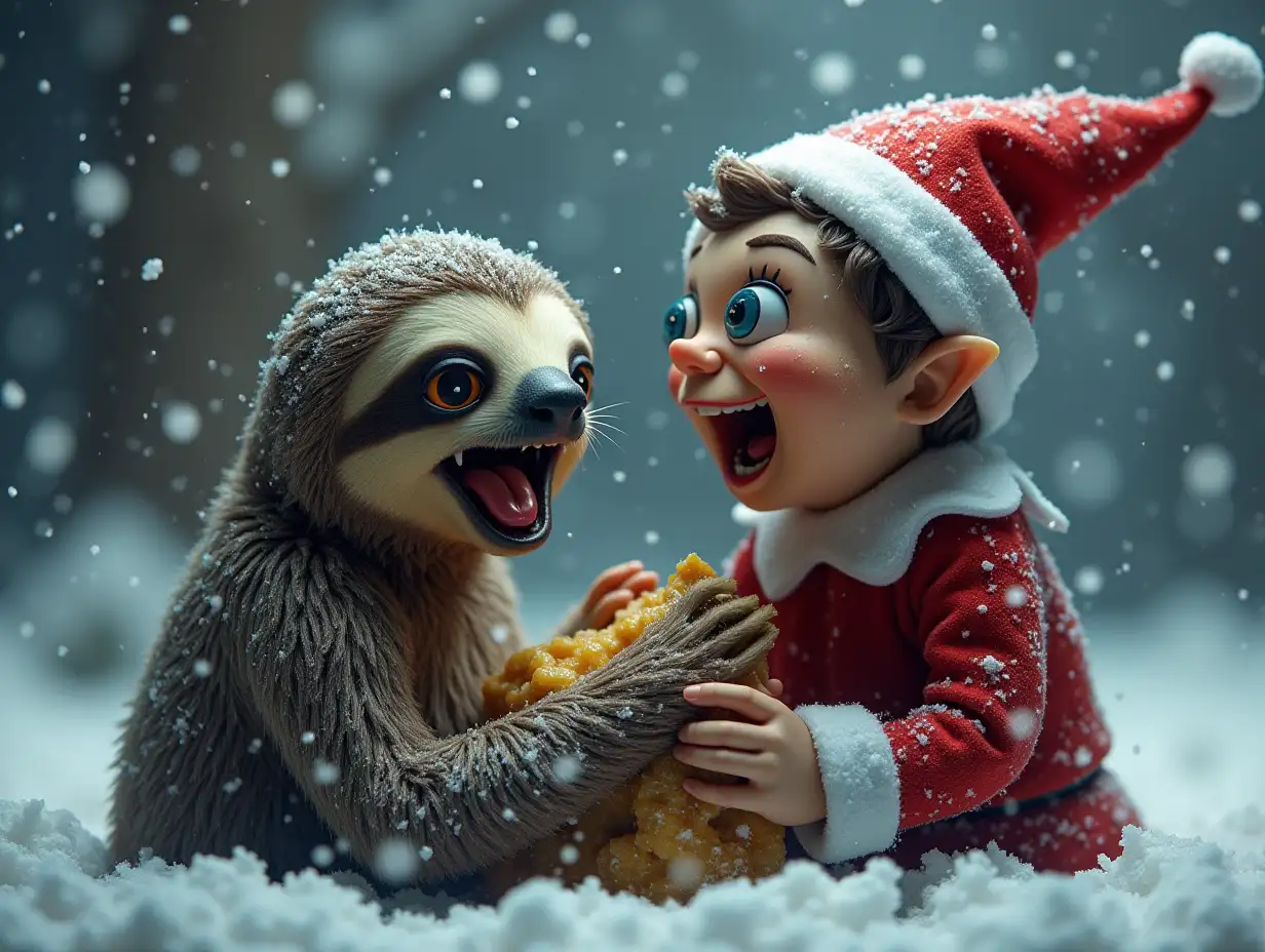 Sloth-Eating-Christmas-Elf-in-Halloween-Snowstorm