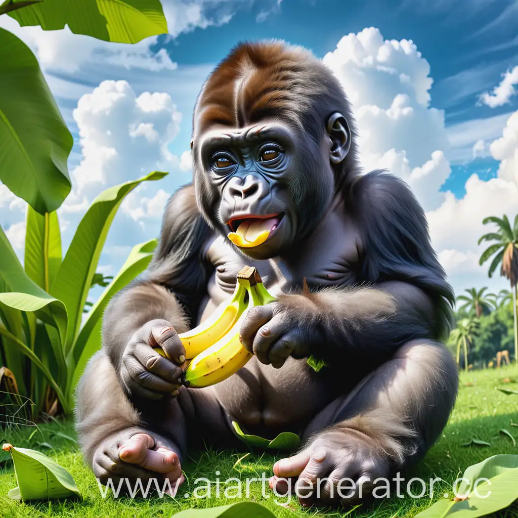 Cute-Gorilla-Enjoying-Bananas-Under-a-Clear-Sky