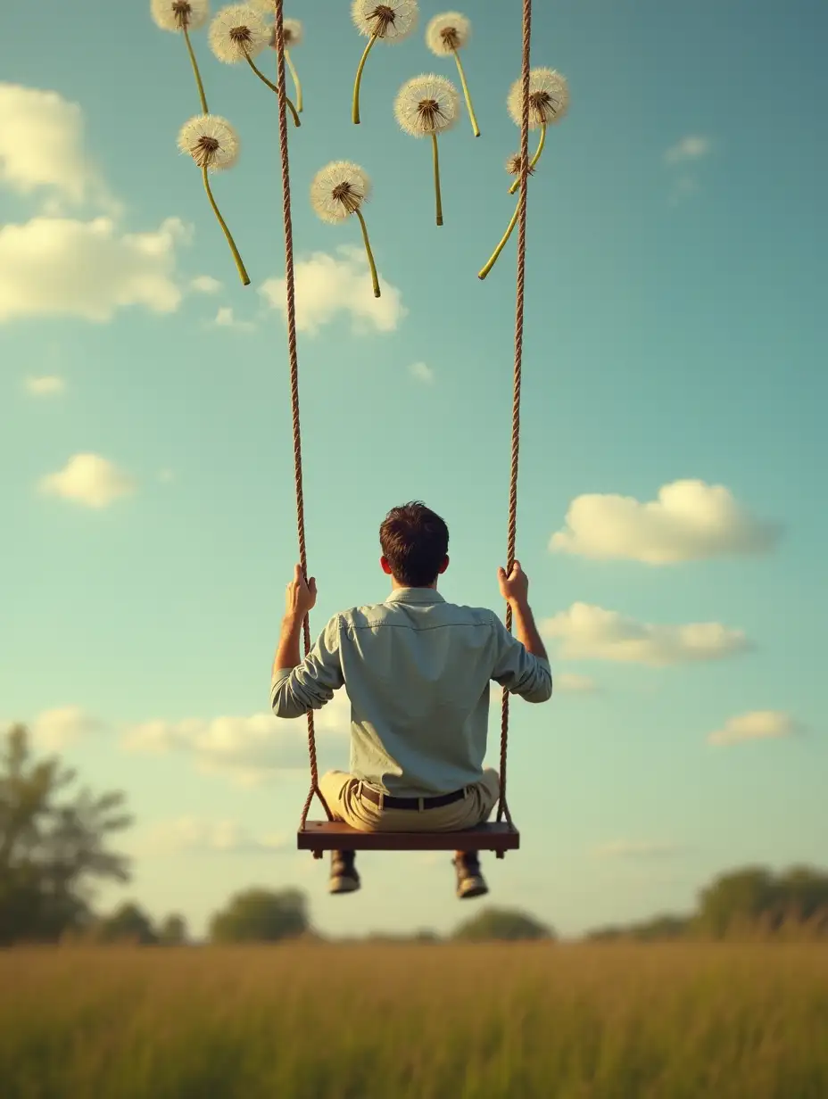 Man on a swing with dandelions in the air, whimsical art, photo manipulation, photo - manipulation, surreal photo, surreal photography, an amazing photo, creative photo manipulation, floating in air, whimsical surrealism, dandelion seeds float, floating in the air, amazing photo, floating in mid - air, surreal art, pixabay contest winner, dandelions