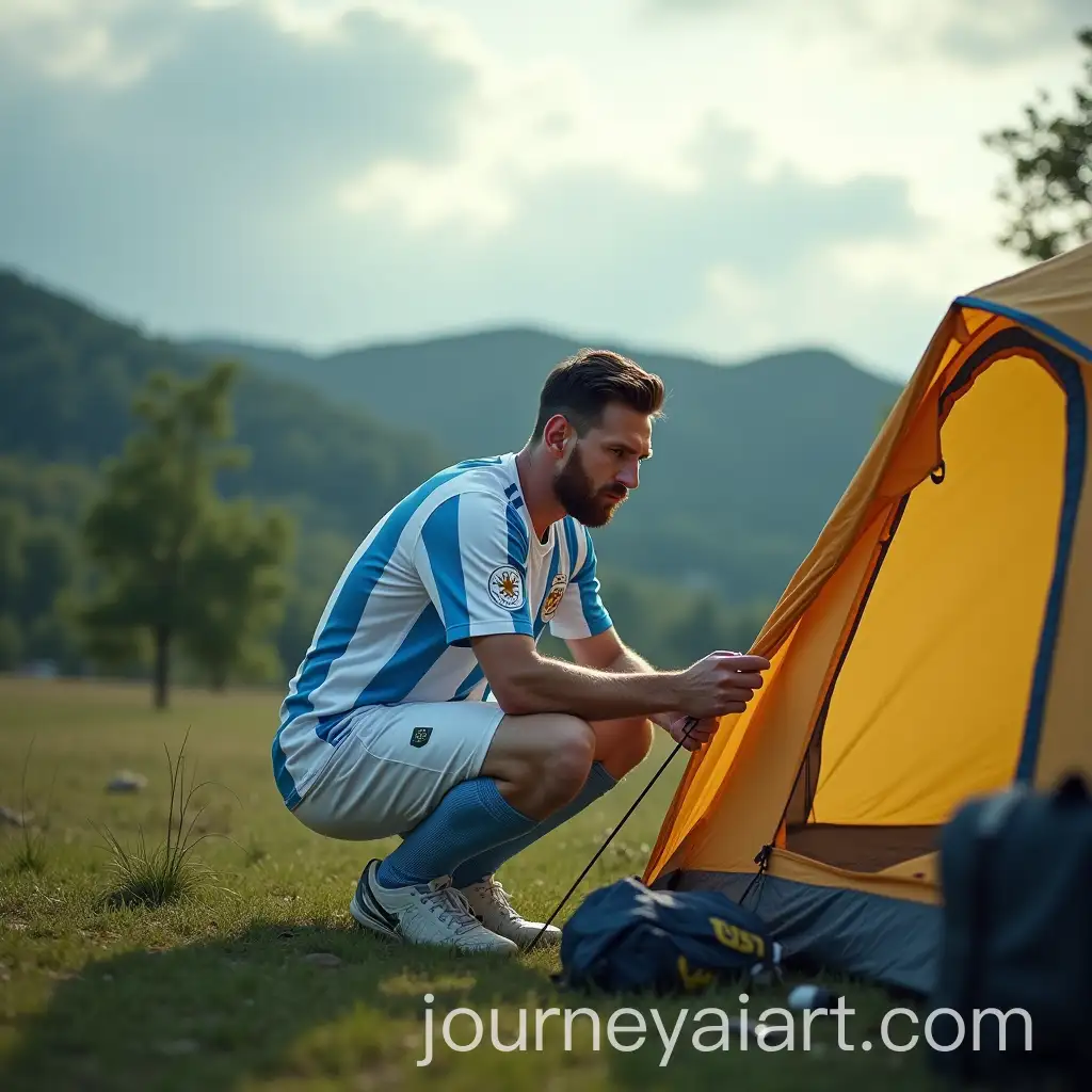 Lionel-Messi-Setting-Up-Tent-in-Serene-Outdoor-Landscape