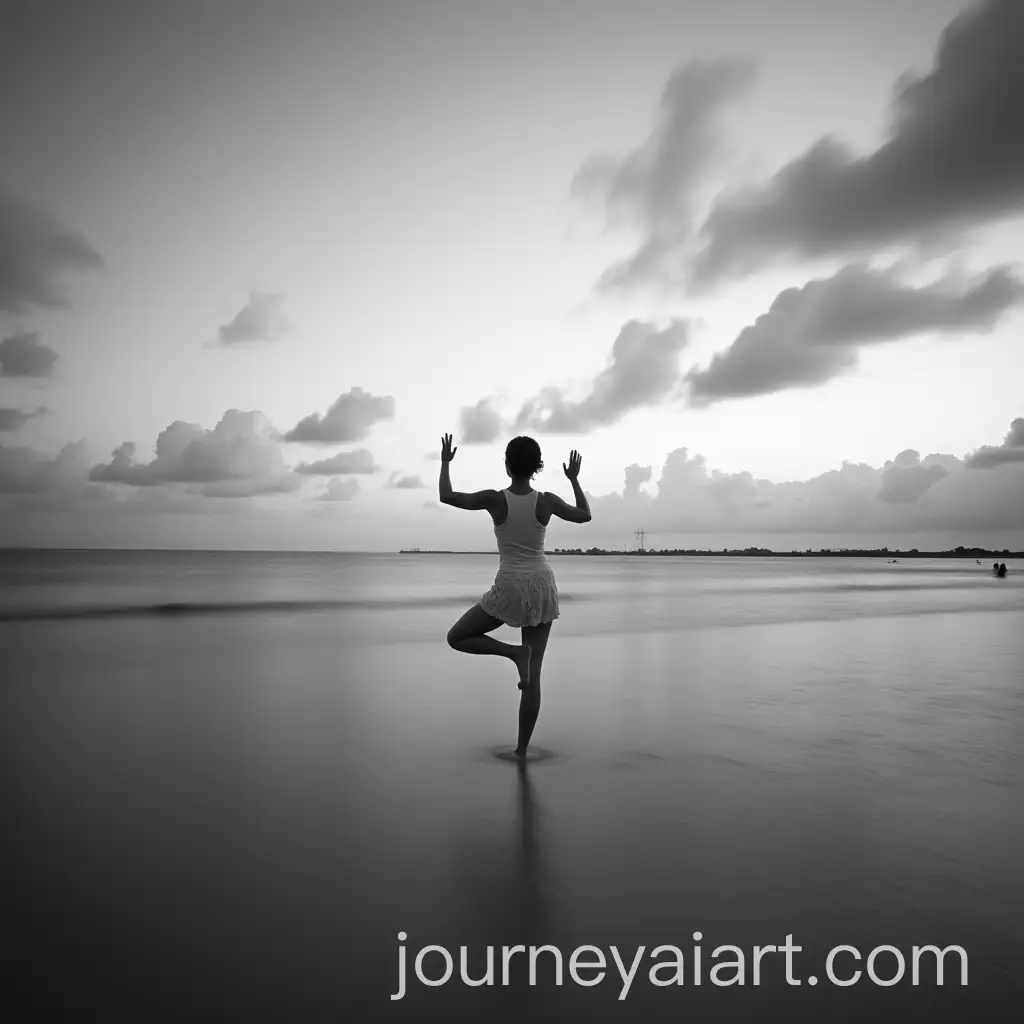 Woman-in-Yoga-Pose-on-One-Foot-by-the-Sea-with-Long-Exposure-Black-and-White-Photography