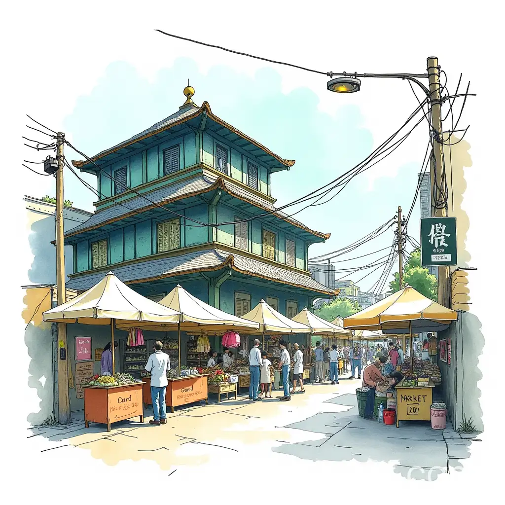 Vibrant-Urban-Market-Scene-with-Traditional-Architecture-and-Watercolor-Accents