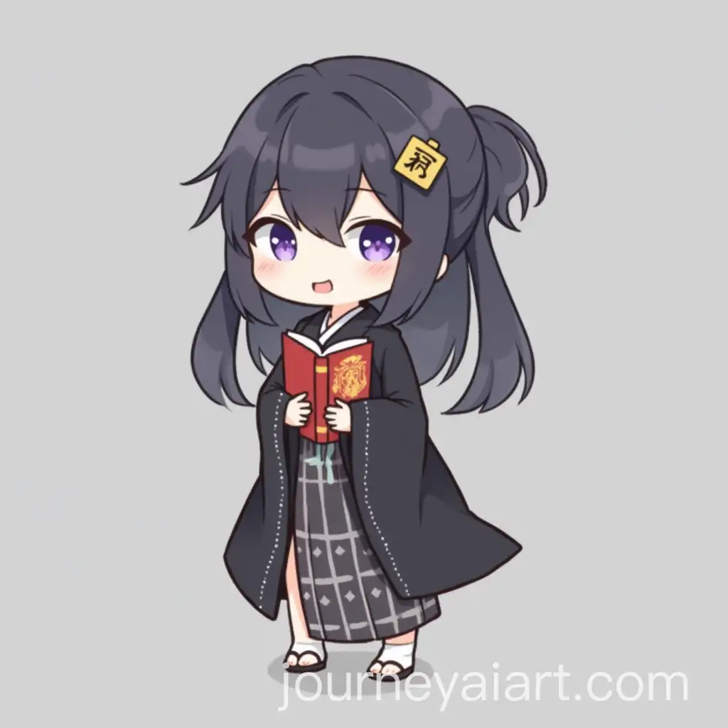 Chibi-Girl-in-Black-Kimono-Holding-a-Book-with-Purple-Eyes-and-Hair-Ornament