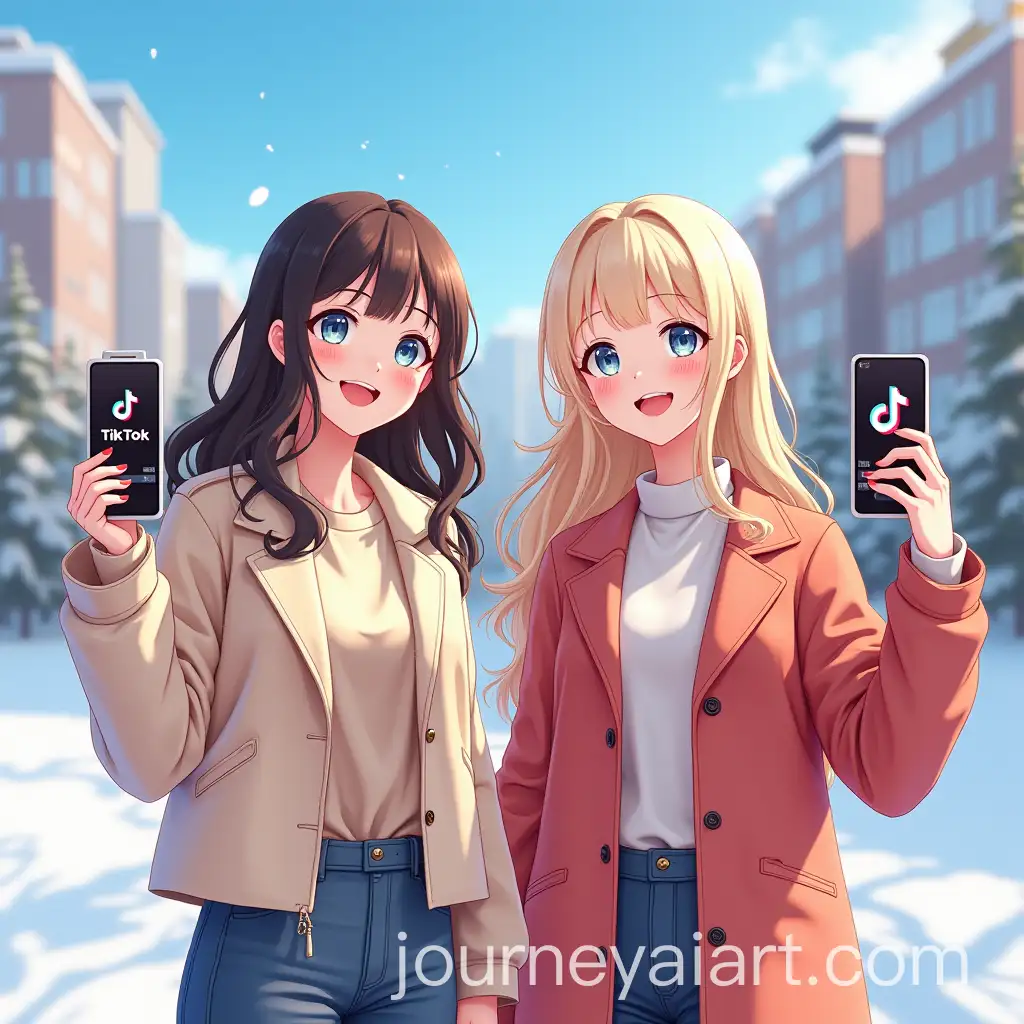 Anime-Women-Streaming-on-TikTok-in-a-Vibrant-Winter-Scene