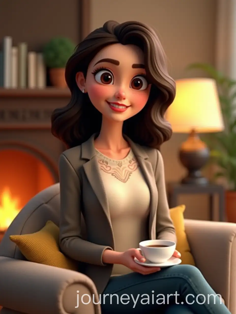 Elegant-Female-Host-in-Cozy-Living-Room-with-Coffee-and-Fireplace