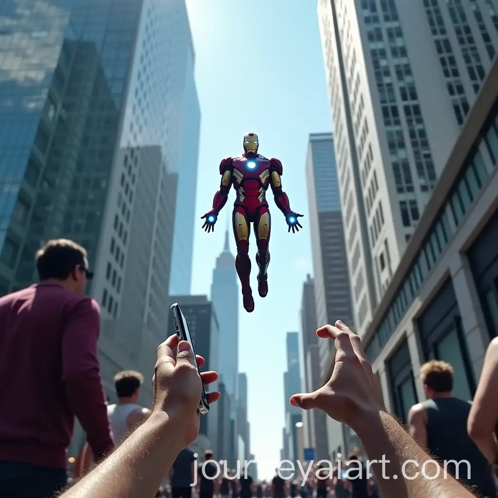 Iron-Man-Floating-in-the-Sky-Above-a-Busy-City-Street-with-Onlookers